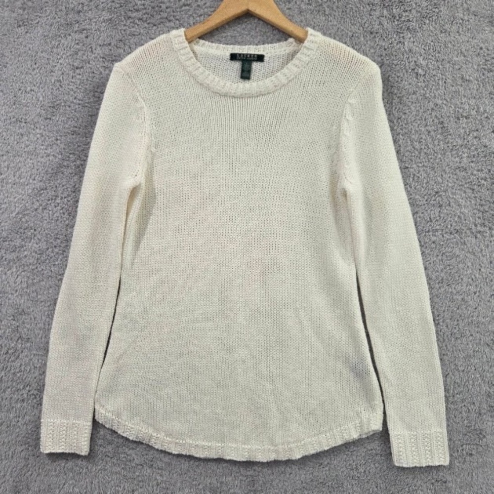 Lauren Ralph Lauren Sweater Women Large White Open Knit Crew Neck Curved Hem
